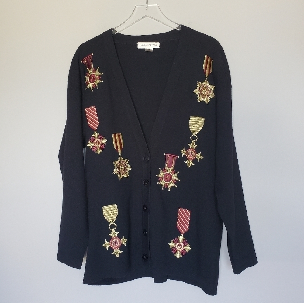 Jones New York Vintage 90s Wool Cardigan Embroidered Crests Medals Ribbons L